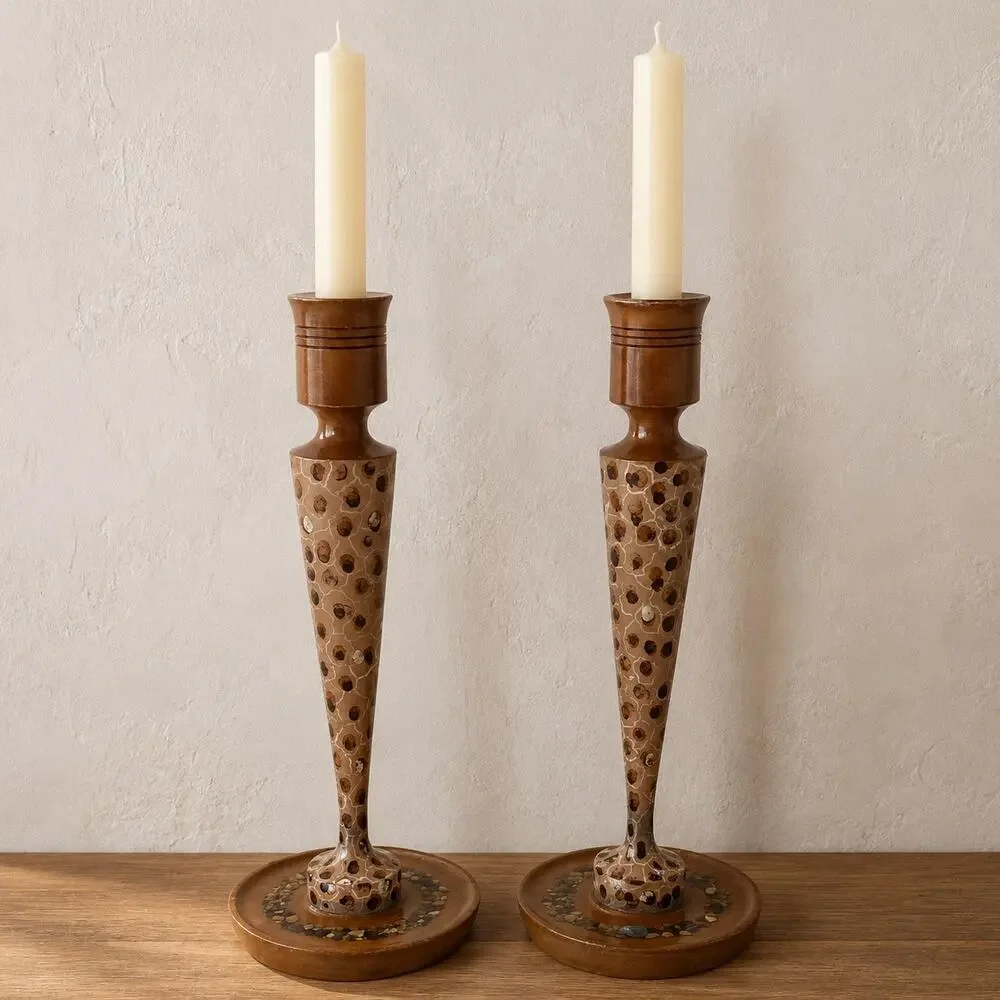 Pair Tall Brown Mosaic Pebble Candlestick Holders Boho Rustic Decor